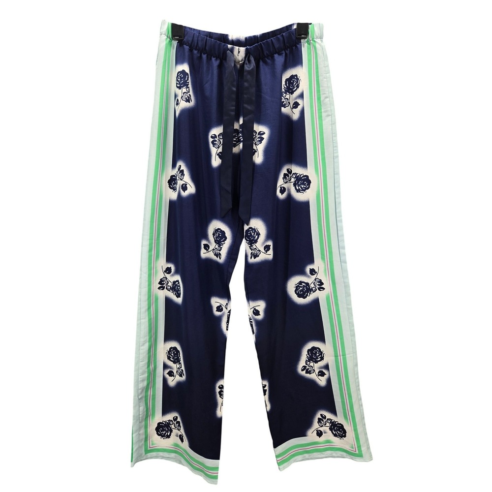 Victorias Secret Navy Blue Floral Satin Wide Leg Pajama Pants Medium Rose Print